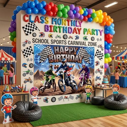 Racing Happy Birthday Backdrop, Dirt Bike Motorcycle Birthday Decorations Photography Background, Checkered, alternate view 3