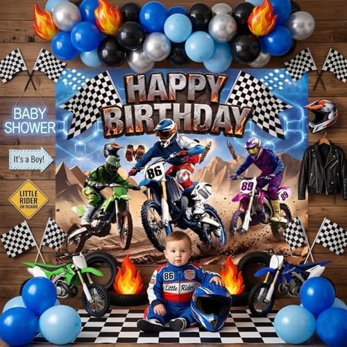 Racing Happy Birthday Backdrop, Dirt Bike Motorcycle Birthday Decorations Photography Background, Checkered, alternate view 4