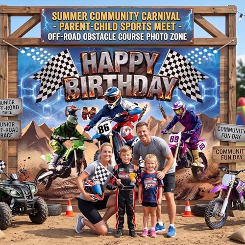 Racing Happy Birthday Backdrop, Dirt Bike Motorcycle Birthday Decorations Photography Background, Checkered, alternate view 6