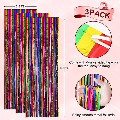 Rainbow Foil Fringe Backdrop Curtains,3.3x8.2ft, 3 Pack in 39.6" × 98.4" in 35 Rainbow, alternate view 3