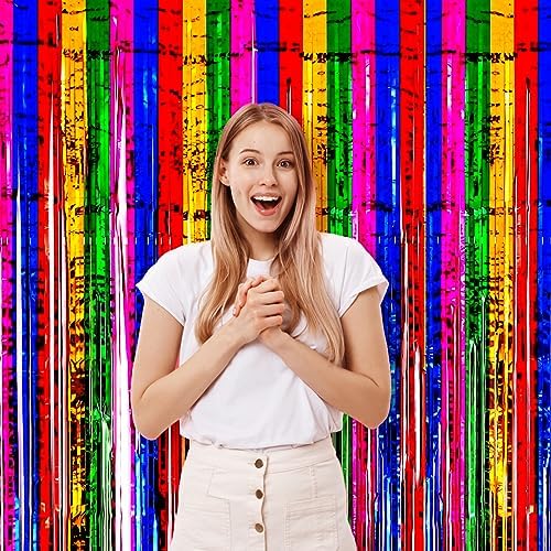 Rainbow Foil Fringe Backdrop Curtains,3.3x8.2ft, 3 Pack in 39.6" × 98.4" in 35 Rainbow, alternate view 6