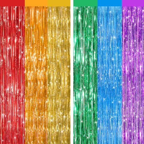 Rainbow Metallic Fringe Curtains 2 Pack, Tinsel Backdrop for Parties