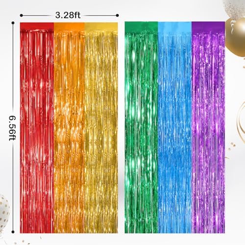 Rainbow Metallic Fringe Curtains 2 Pack, Tinsel Backdrop for Parties, alternate view 2