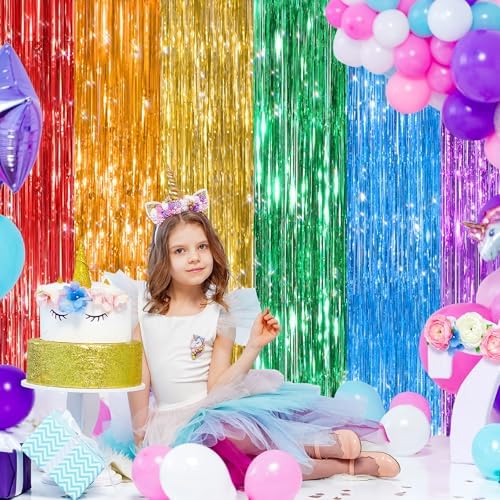 Rainbow Metallic Fringe Curtains 2 Pack, Tinsel Backdrop for Parties, alternate view 3