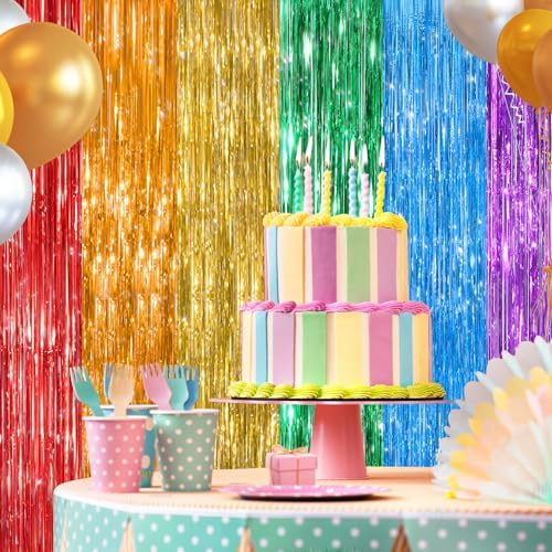 Rainbow Metallic Fringe Curtains 2 Pack, Tinsel Backdrop for Parties, alternate view 5