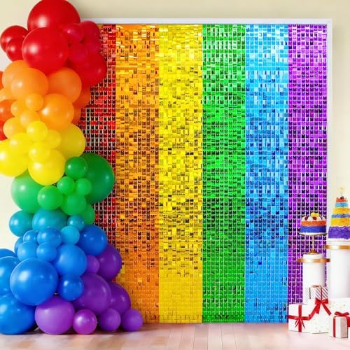 Rainbow Shimmer Wall Backdrop, Square Sequin Shimmer Panels, 24 Pcs