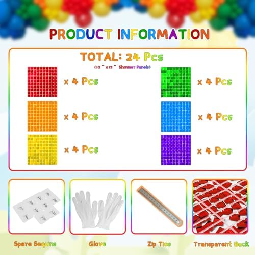 Rainbow Shimmer Wall Backdrop, Square Sequin Shimmer Panels, 24 Pcs, alternate view 2