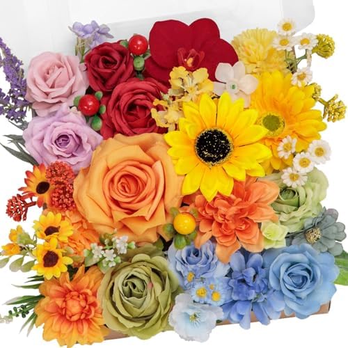 Rainbow Sunflower Artificial Flowers Box Combo Wedding Decor in Rainbow Colorful