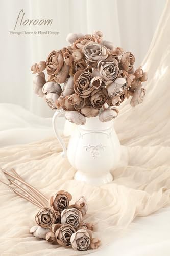 Ranunculus Artificial Flowers 18 Pcs Taupe Brown Faux Silk Mini Ranunculus Bulk Fake Wedding Filler Flowers for, alternate