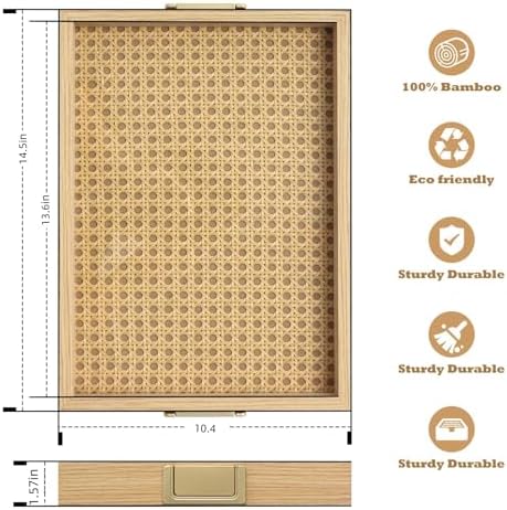Rattan Woven mesh Surface Wood Serving Tray with Metal Handles, Decorative Tray Service Tray, Modern Boho, alternate view 3