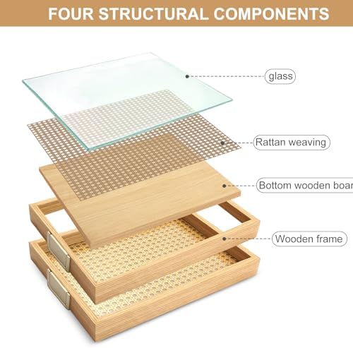Rattan Woven mesh Surface Wood Serving Tray with Metal Handles, Decorative Tray Service Tray, Modern Boho, alternate view 4