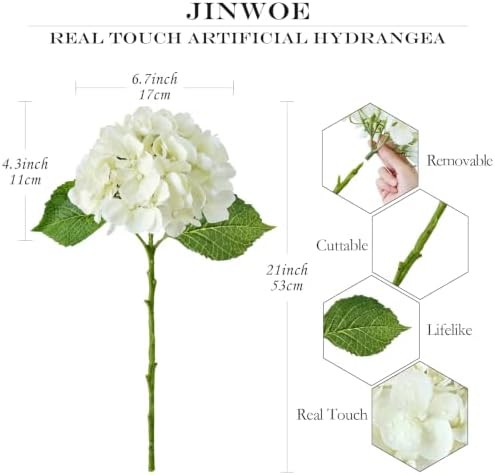 Real Touch Faux Hydrangea Flowers, 4Pcs 21" Off White Fake Hydrangeas Flower with Stems for Wedding Bouquets, alternate view