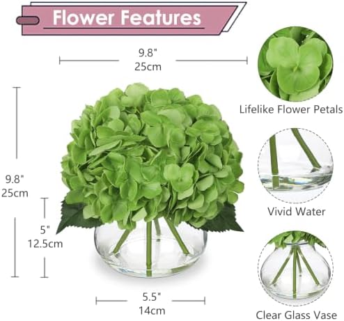 Real Touch Hydrangea with Glass Vase Green Full Latex Hydrangeas Artificial Flowers in Vase Lifelike Bouquets, alternate view