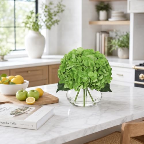 Real Touch Hydrangea with Glass Vase Green Full Latex Hydrangeas Artificial Flowers in Vase Lifelike Bouquets, alternate view