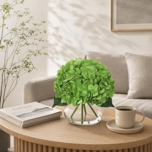 Real Touch Hydrangea with Glass Vase Green Full Latex Hydrangeas Artificial Flowers in Vase Lifelike Bouquets, alternate view