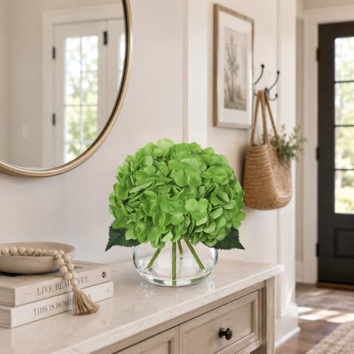 Real Touch Hydrangea with Glass Vase Green Full Latex Hydrangeas Artificial Flowers in Vase Lifelike Bouquets, alternate view