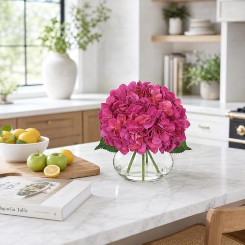 Real Touch Hydrangea with Glass Vase Rose Pink Full Latex Hydrangeas Artificial Flowers in Vase Lifelike, alternate view 4