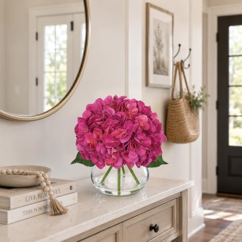 Real Touch Hydrangea with Glass Vase Rose Pink Full Latex Hydrangeas Artificial Flowers in Vase Lifelike, alternate view 7