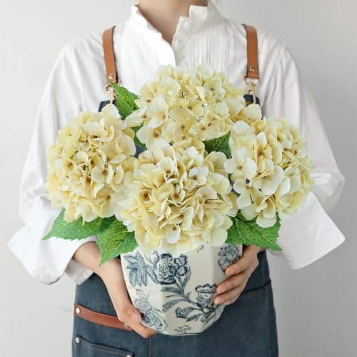 Real Touch Vintage Artificial Hydrangeas,4Pcs Cream Yellow Fake Hydrangeas Flower with Stems for Wedding