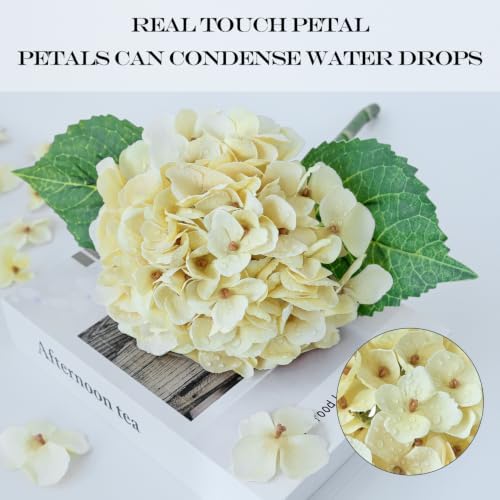 Real Touch Vintage Artificial Hydrangeas,4Pcs Cream Yellow Fake Hydrangeas Flower with Stems for Wedding, alternate view 3