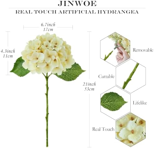 Real Touch Vintage Artificial Hydrangeas,4Pcs Cream Yellow Fake Hydrangeas Flower with Stems for Wedding, alternate view 6