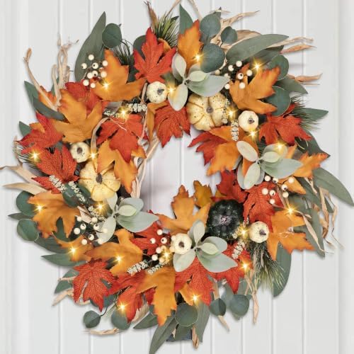 Realistic Fall Wreath with Lights/Timer 24 inch Fall Wreaths for Front Door with Pumpkins Autumn Wreath for