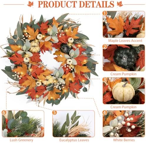 Realistic Fall Wreath with Lights/Timer 24 inch Fall Wreaths for Front Door with Pumpkins Autumn Wreath for, alternate view 2