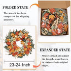 Realistic Fall Wreath with Lights/Timer 24 inch Fall Wreaths for Front Door with Pumpkins Autumn Wreath for, alternate view 3
