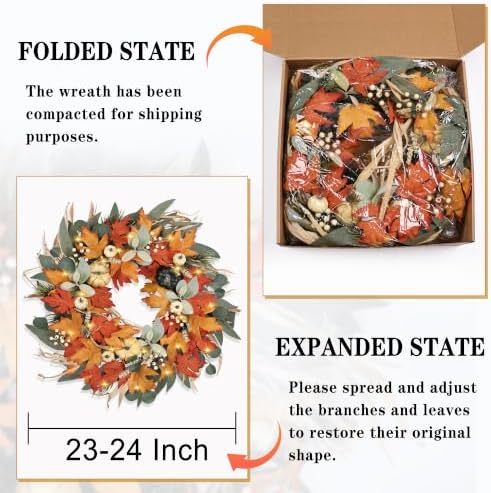 Realistic Fall Wreath with Lights/Timer 24 inch Fall Wreaths for Front Door with Pumpkins Autumn Wreath for, alternate view 3