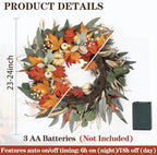 Realistic Fall Wreath with Lights/Timer 24 inch Fall Wreaths for Front Door with Pumpkins Autumn Wreath for, alternate view 4