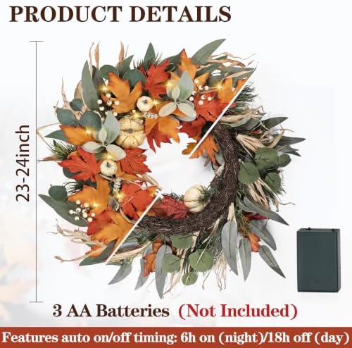 Realistic Fall Wreath with Lights/Timer 24 inch Fall Wreaths for Front Door with Pumpkins Autumn Wreath for, alternate view 4