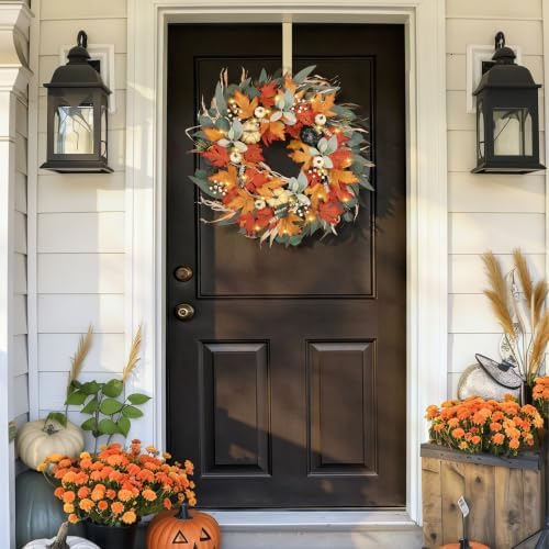 Realistic Fall Wreath with Lights/Timer 24 inch Fall Wreaths for Front Door with Pumpkins Autumn Wreath for, alternate view 5