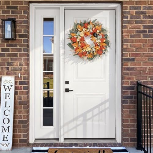 Realistic Fall Wreath with Lights/Timer 24 inch Fall Wreaths for Front Door with Pumpkins Autumn Wreath for, alternate view 6