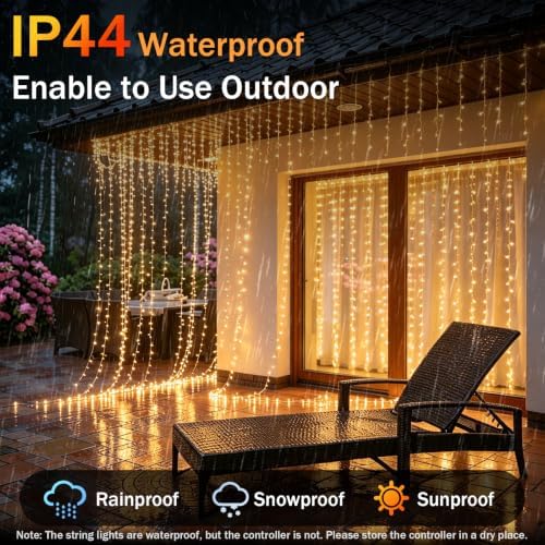 Rechargeable 300LED Curtain Lights, 9.8x9.8FT 8 Modes Curtain Fairy Lights in 9.8x9.8FT in Warm White, alternate view 4