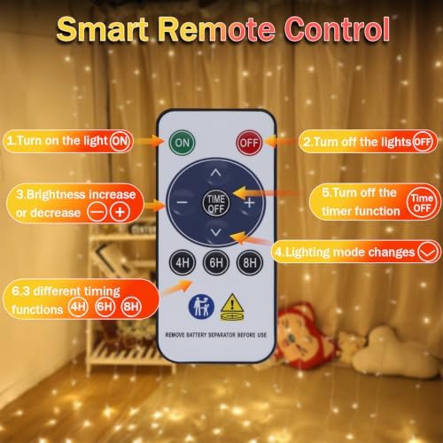 Rechargeable 300LED Curtain Lights, 9.8x9.8FT 8 Modes Curtain Fairy Lights in 9.8x9.8FT in Warm White, alternate view 5