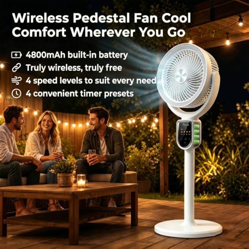 Rechargeable Cordless Pedestal Fan, Standing Air Circulator Fan with Remote, alternate view 2