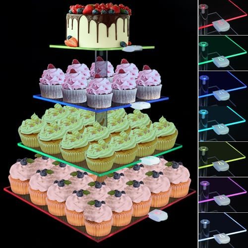 Rechargeable LED Cupcake Stand for 50 Cupcakes, 7 Colors Light Clear Cupcake Holder, 4 Tier Cupcake Tower