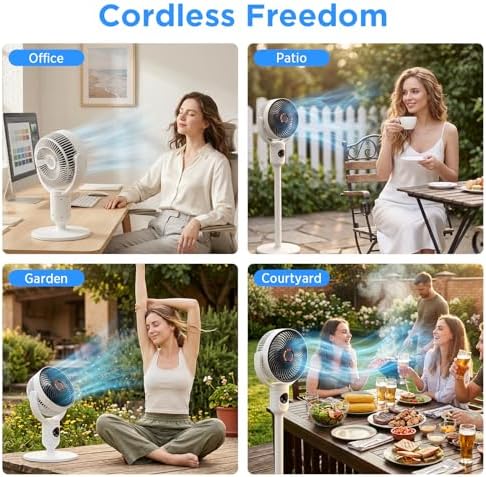 Rechargeable Pedestal Fan, Cordless Portable Fan with 10400mAh Battery, Soft Night Light, Adjustable Height, 5, alternate