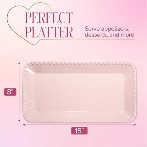 Rectangle Ceramic Stoneware Serving Platter Tray, Embossed Hearts, Microwave Safe, 15x8-Inch, Pink in 15-Inch x, alternate