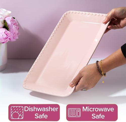 Rectangle Ceramic Stoneware Serving Platter Tray, Embossed Hearts, Microwave Safe, 15x8-Inch, Pink in 15-Inch x, alternate