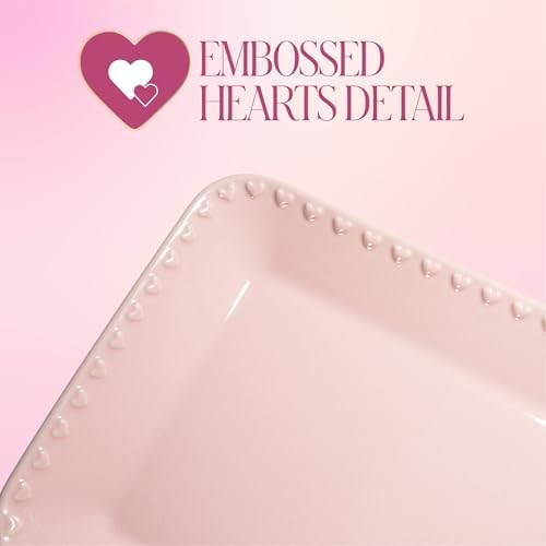 Rectangle Ceramic Stoneware Serving Platter Tray, Embossed Hearts, Microwave Safe, 15x8-Inch, Pink in 15-Inch x, alternate