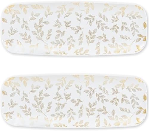 Rectangle Gold Leaves White Serving Tray (2-Pack) - 17.5" Disposable Serving Platter for Appetizer, Fruits &