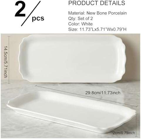 Rectangle White Serving Tray, 2-Pack, 12" New Bone China Serving Platter for Food Plates Dishes, Elegant Ceramic, alternate
