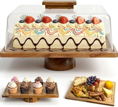 Rectangular Acacia Wood Cake Stand with Thickened Acrylic Cover in Light brown