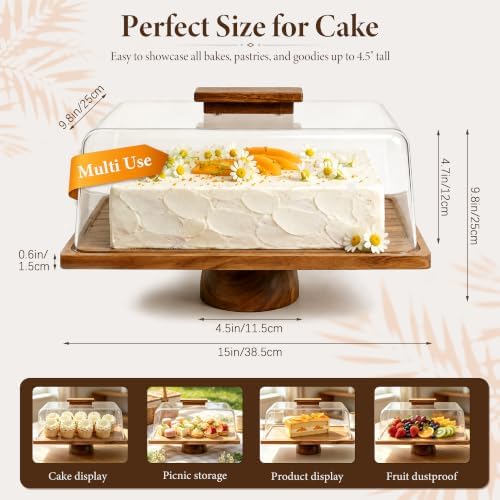 Rectangular Acacia Wood Cake Stand with Thickened Acrylic Cover in Light brown, alternate view 3