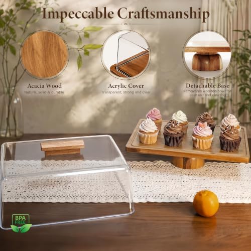 Rectangular Acacia Wood Cake Stand with Thickened Acrylic Cover in Light brown, alternate view 5