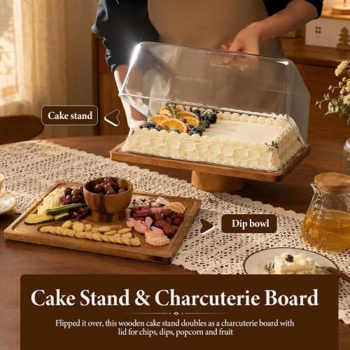Rectangular Acacia Wood Cake Stand with Thickened Acrylic Cover in Light brown, alternate view 6