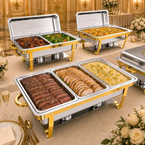 Rectangular Gold Chafing Dishes, 44QT 4 Pack with 7 Pans