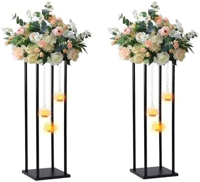Rectangular Metal Wedding Flower Stand Vase with Hanging Glass Globe Terrarium Tealight Candle Holder