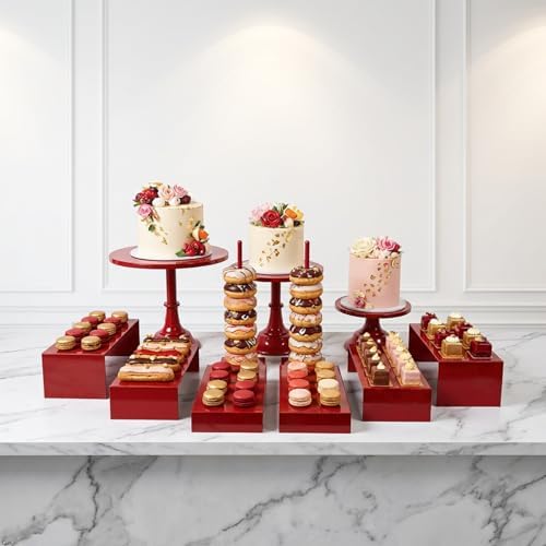 Red 11Pcs Metal Dessert Display Set Round Cake Stand Riser Platter in Red